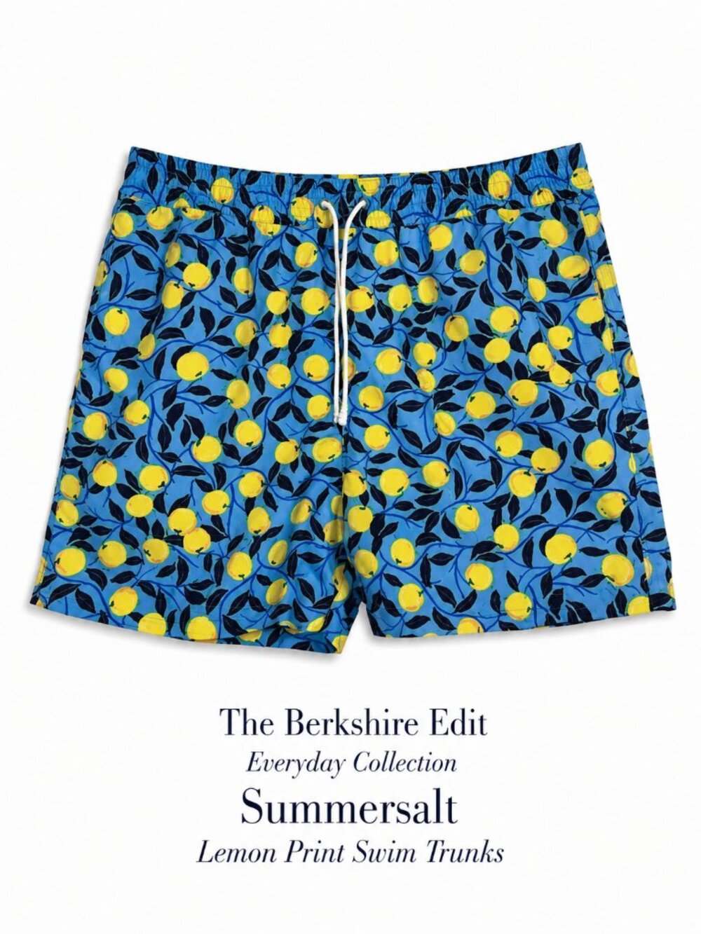 Summersalt Blue Lemon Print Swim Trunks Elastic Waist Drawstring Men's M